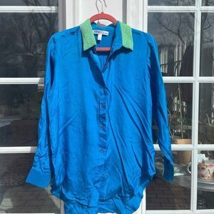 Anthropologie EPIC by JF and Son 100% Silk Beaded Collar Button Down Blouse